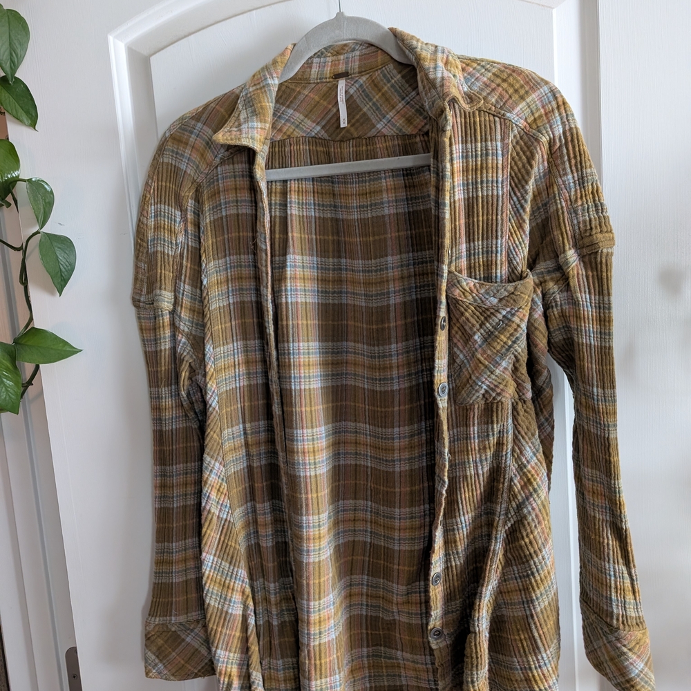 Free People Plaid Button-Up Shirt in Brown and Blue